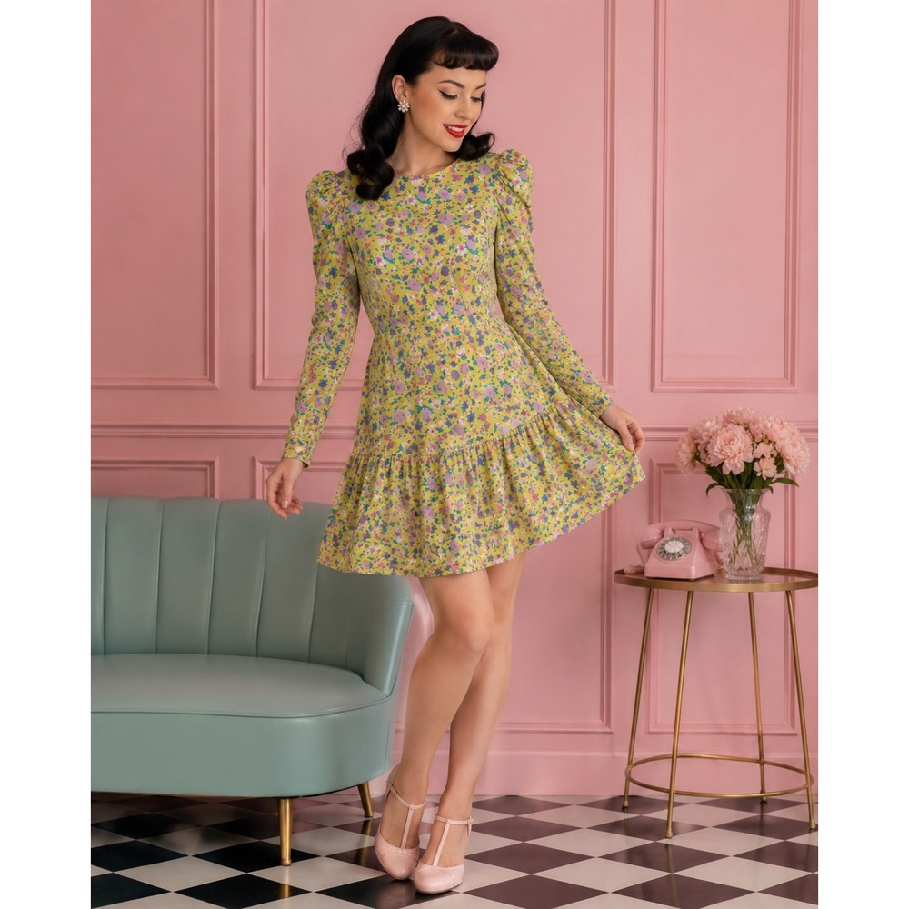 Reclaimed Vintage Women's Yellow Floral Puff Sleeve Mini Dress Ruffle Hem- 2